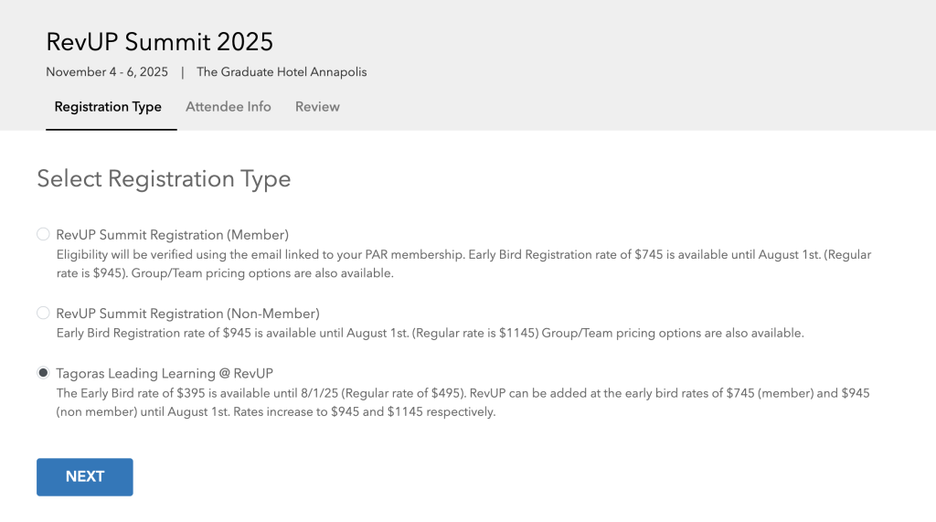 RevUP Summit registration screen - Select Registration Type